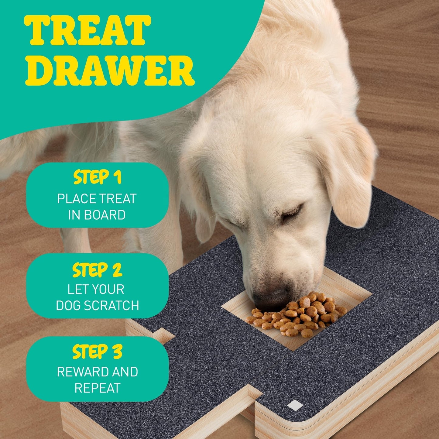 PawHalt™ Dog Scratch Pad for Nails with Treat Drawer – Stress-Free Wooden Dog Nail File Board